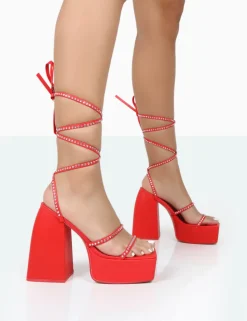 Best Sale Helena Grain Pu Sparkly Diamante Chunky Platform Heel Block Heels Strappy Heels | Diamante Heels