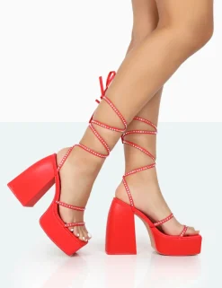 Best Sale Helena Grain Pu Sparkly Diamante Chunky Platform Heel Block Heels Strappy Heels | Diamante Heels