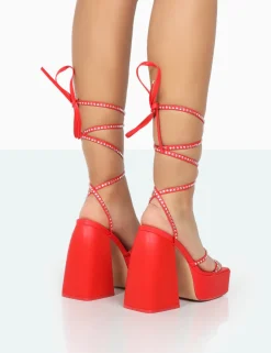 Best Sale Helena Grain Pu Sparkly Diamante Chunky Platform Heel Block Heels Strappy Heels | Diamante Heels