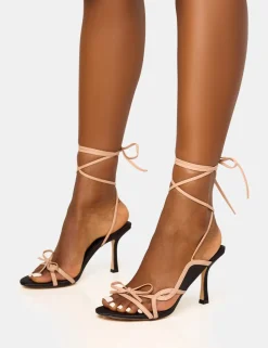 Hot Heroine and Nude Bow Detailing Lace Up Stiletto Mid Heels Lace Up Heels | Mid Heels