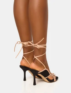 Hot Heroine and Nude Bow Detailing Lace Up Stiletto Mid Heels Lace Up Heels | Mid Heels