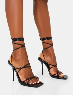 Outlet Holly Patent Strappy Tie Up Square Toe Stiletto Heels Strappy Heels | Square Toe Heels
