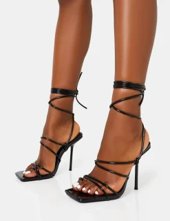 Outlet Holly Patent Strappy Tie Up Square Toe Stiletto Heels Strappy Heels | Square Toe Heels