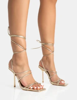 Clearance Holly Metallic Strappy Tie Up Square Toe Stiletto Heels Strappy Heels | Gold Heels