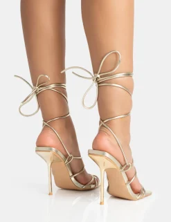 Clearance Holly Metallic Strappy Tie Up Square Toe Stiletto Heels Strappy Heels | Gold Heels