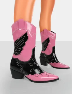 New Howdy Patent Pointed Toe Western Cowboy Block Ankle Boots Western Boots | Ankle Boots