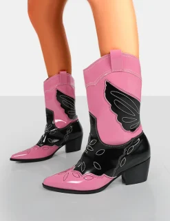 New Howdy Patent Pointed Toe Western Cowboy Block Ankle Boots Western Boots | Ankle Boots