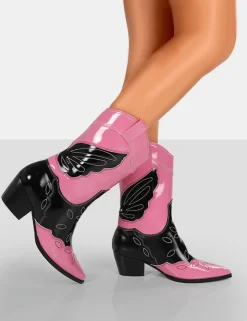 New Howdy Patent Pointed Toe Western Cowboy Block Ankle Boots Western Boots | Ankle Boots