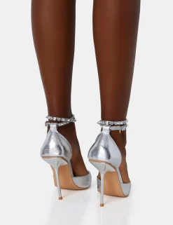Outlet Hypnotize Silver Grain Stud Detail Strappy Stiletto Court Heels Strappy Heels | Court Heels