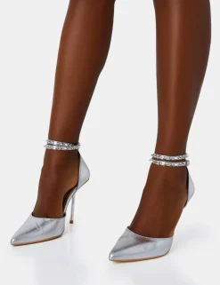 Outlet Hypnotize Silver Grain Stud Detail Strappy Stiletto Court Heels Strappy Heels | Court Heels