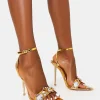 Flash Sale Icicle Gold Metallic Patent Extreme Jeweled Ankle Strap Pointed Toe Stiletto Heels Back In Stock | Diamante Heels