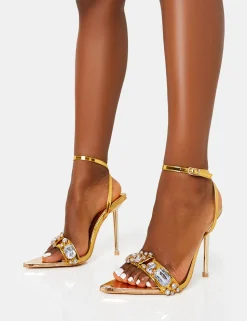 Flash Sale Icicle Gold Metallic Patent Extreme Jeweled Ankle Strap Pointed Toe Stiletto Heels Back In Stock | Diamante Heels