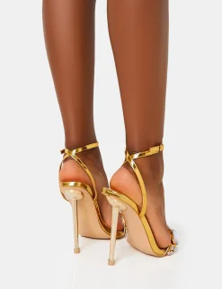 Flash Sale Icicle Gold Metallic Patent Extreme Jeweled Ankle Strap Pointed Toe Stiletto Heels Back In Stock | Diamante Heels
