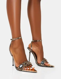 Clearance Icicle Pewter Extreme Jeweled Ankle Strap Pointed Toe Stiletto Heels Diamante Heels | High Heels