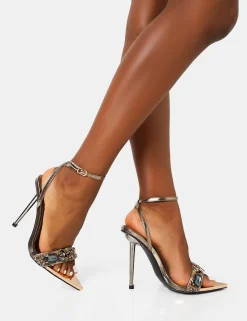 Clearance Icicle Pewter Extreme Jeweled Ankle Strap Pointed Toe Stiletto Heels Diamante Heels | High Heels