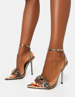 Clearance Icicle Pewter Extreme Jeweled Ankle Strap Pointed Toe Stiletto Heels Diamante Heels | High Heels