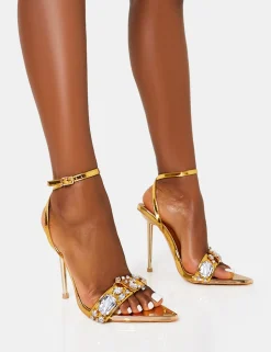 Sale Icicle Wide Fit Metallic Patent Extreme Jeweled Ankle Strap Pointed Toe Stiletto Heels Gold Heels | High Heels