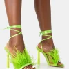 Best Sale Iconic Lime Satin & Lime Feather Detail Square Toe High Heels Diamante Heels | Square Toe Heels