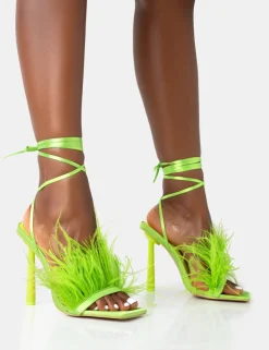 Best Sale Iconic Lime Satin & Lime Feather Detail Square Toe High Heels Diamante Heels | Square Toe Heels