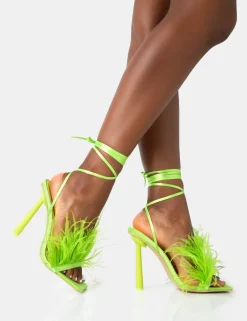Best Sale Iconic Lime Satin & Lime Feather Detail Square Toe High Heels Diamante Heels | Square Toe Heels