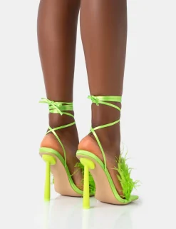 Best Sale Iconic Lime Satin & Lime Feather Detail Square Toe High Heels Diamante Heels | Square Toe Heels