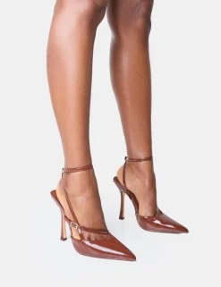 Clearance Idol Chocolate Patent Buckle Strappy Detail Stiletto Court High Heels Back In Stock | Court Heels