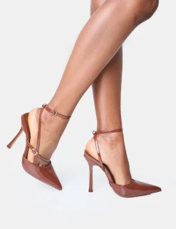 Clearance Idol Chocolate Patent Buckle Strappy Detail Stiletto Court High Heels Back In Stock | Court Heels