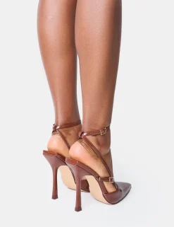 Clearance Idol Chocolate Patent Buckle Strappy Detail Stiletto Court High Heels Back In Stock | Court Heels