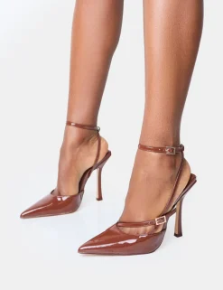 Clearance Idol Chocolate Patent Buckle Strappy Detail Stiletto Court High Heels Back In Stock | Court Heels