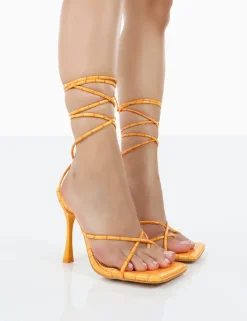 Sale Imogen Croc Square Toe Strappy Lace Up Heels Square Toe Heels | Lace Up Heels