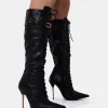 Shop Infatuated Croc Lace Up Buckle Feature Stiletto Knee High Boots High Heels | Heeled Boots