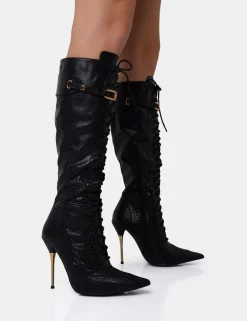 Shop Infatuated Croc Lace Up Buckle Feature Stiletto Knee High Boots High Heels | Heeled Boots