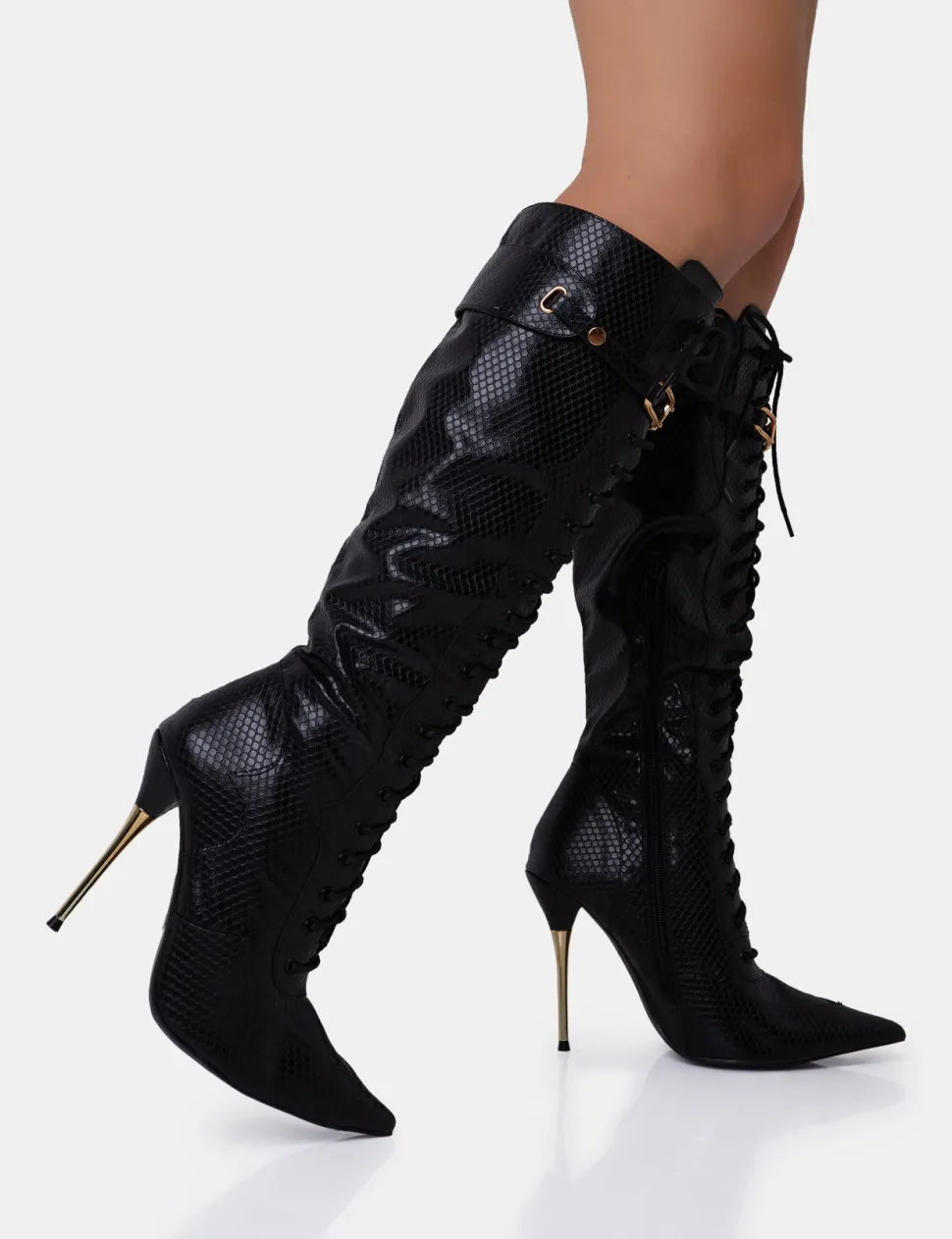 Shop Infatuated Croc Lace Up Buckle Feature Stiletto Knee High Boots High Heels | Heeled Boots