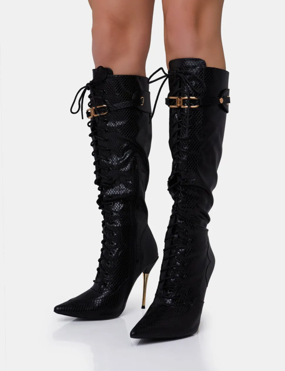 Shop Infatuated Croc Lace Up Buckle Feature Stiletto Knee High Boots High Heels | Heeled Boots