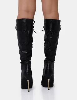 Shop Infatuated Croc Lace Up Buckle Feature Stiletto Knee High Boots High Heels | Heeled Boots