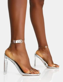 Clearance Inka Mirror Perspex Round Toe Flat Block Heels Silver Heels | Perspex Heels