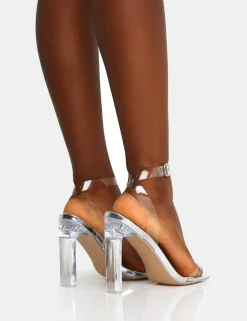 Clearance Inka Mirror Perspex Round Toe Flat Block Heels Silver Heels | Perspex Heels