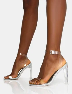 Clearance Inka Mirror Perspex Round Toe Flat Block Heels Silver Heels | Perspex Heels