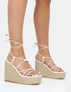 Online Islander Ecru Lace Up Square Toe High Heeled Sandal Esparille Wedges Wedges | Square Toe Heels