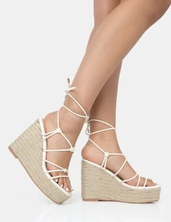 Online Islander Ecru Lace Up Square Toe High Heeled Sandal Esparille Wedges Wedges | Square Toe Heels