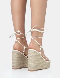 Online Islander Ecru Lace Up Square Toe High Heeled Sandal Esparille Wedges Wedges | Square Toe Heels
