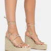 Shop Islander Lace Up Square Toe High Heeled Sandal Esparille Wedges Gold Heels | Wedges