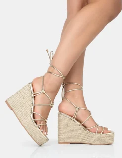 Shop Islander Lace Up Square Toe High Heeled Sandal Esparille Wedges Gold Heels | Wedges