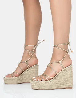 Shop Islander Lace Up Square Toe High Heeled Sandal Esparille Wedges Gold Heels | Wedges