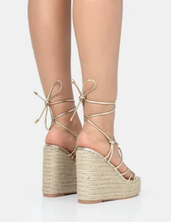 Shop Islander Lace Up Square Toe High Heeled Sandal Esparille Wedges Gold Heels | Wedges