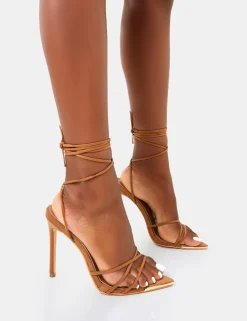 Outlet Isobel Tan Pu Lace Up Strappy Barely There Pointed Court High Heels Strappy Heels | Court Heels