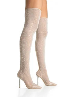 Cheap It Girl Nude Diamante Holographic Detailed Mesh Pointed Toe Stiletto Sock Boot Heels High Heels | Sock Boots
