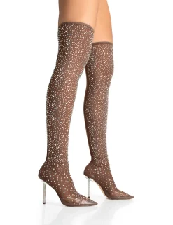 Best It Girl Nude Diamante Holographic Detailed Mesh Stiletto Boot Heels Diamante Heels | High Heels