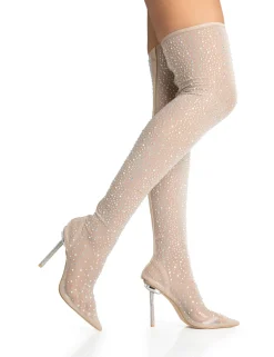 Cheap It Girl Nude Diamante Holographic Detailed Mesh Pointed Toe Stiletto Sock Boot Heels High Heels | Sock Boots