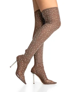 Best It Girl Nude Diamante Holographic Detailed Mesh Stiletto Boot Heels Diamante Heels | High Heels